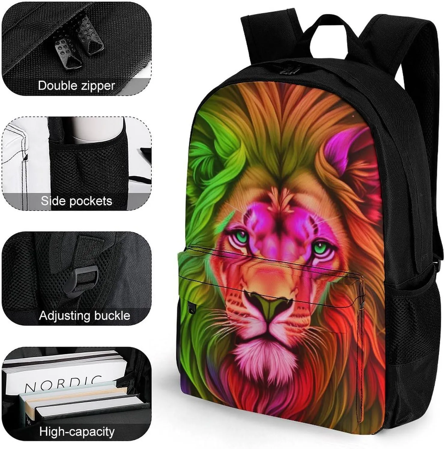Polyester Daypack for Camping Travel Walking Cycling - Big Capacity Anti-Theft Multipurpose Bookbag, Psychedelic Lion Art Camping Outdoor Backpack