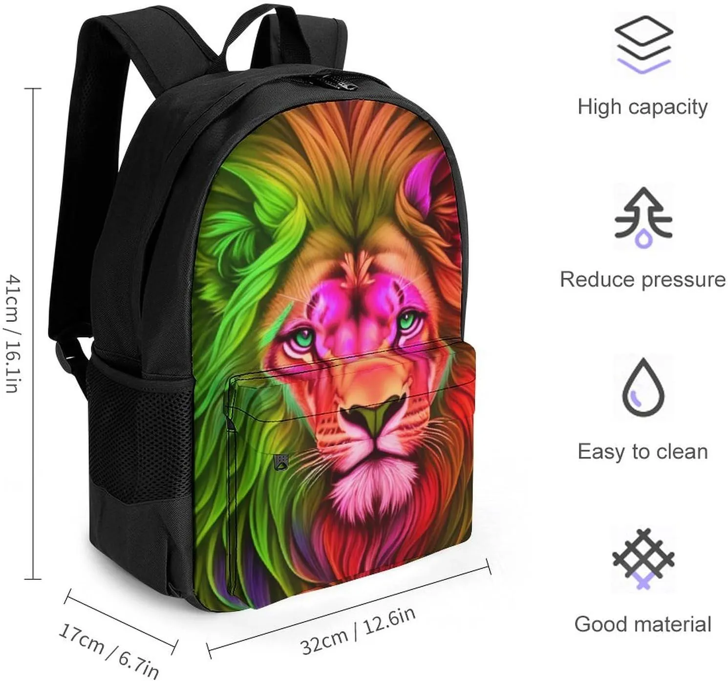 Polyester Daypack for Camping Travel Walking Cycling - Big Capacity Anti-Theft Multipurpose Bookbag, Psychedelic Lion Art Camping Outdoor Backpack
