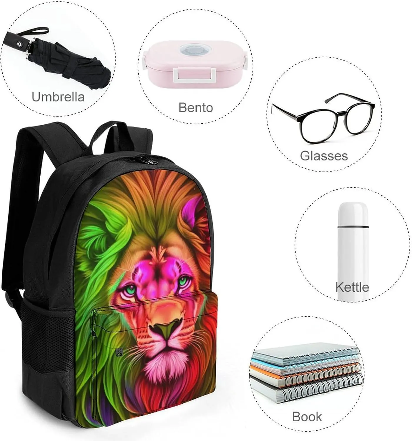 Polyester Daypack for Camping Travel Walking Cycling - Big Capacity Anti-Theft Multipurpose Bookbag, Psychedelic Lion Art Camping Outdoor Backpack