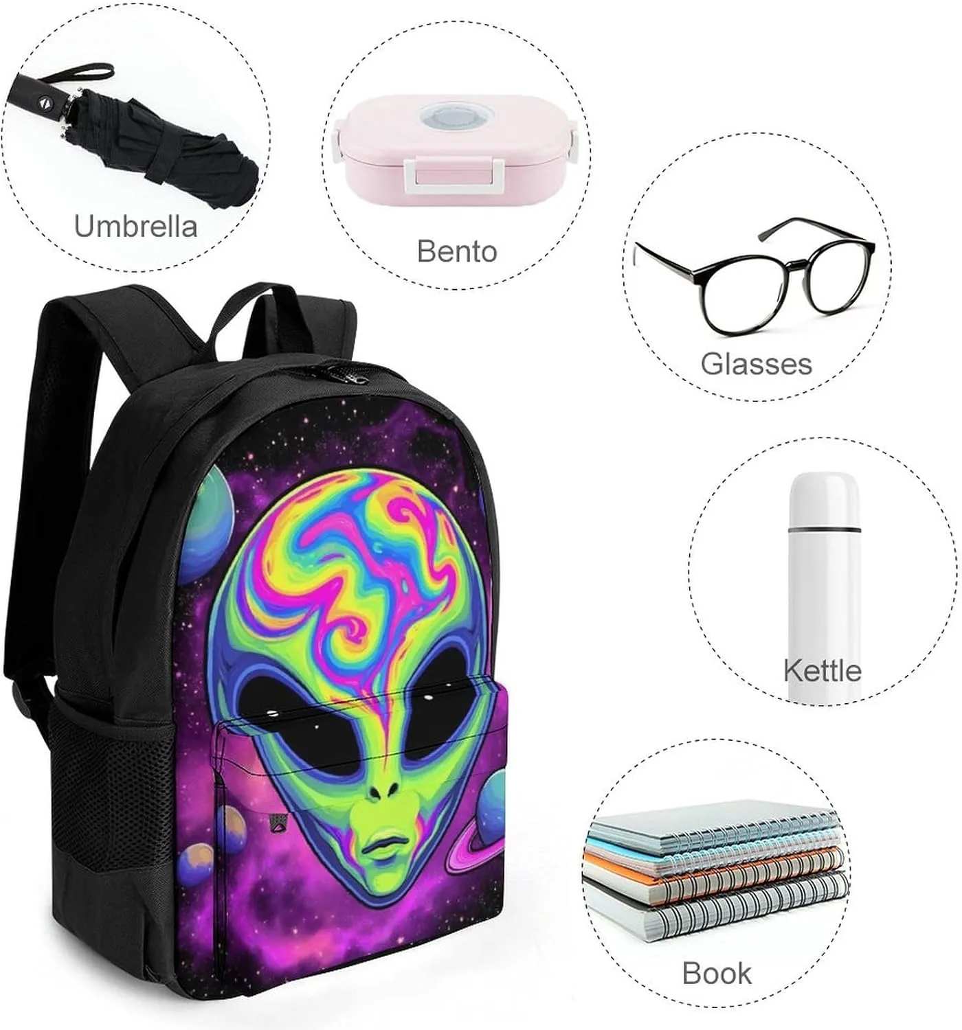 Polyester Daypack for Hiking Work Running - Big Capacity Anti-Theft Multipurpose Shoulder Bag, Alien And Ufo Space Universe Art Travel and Sport Backpack Rucksack