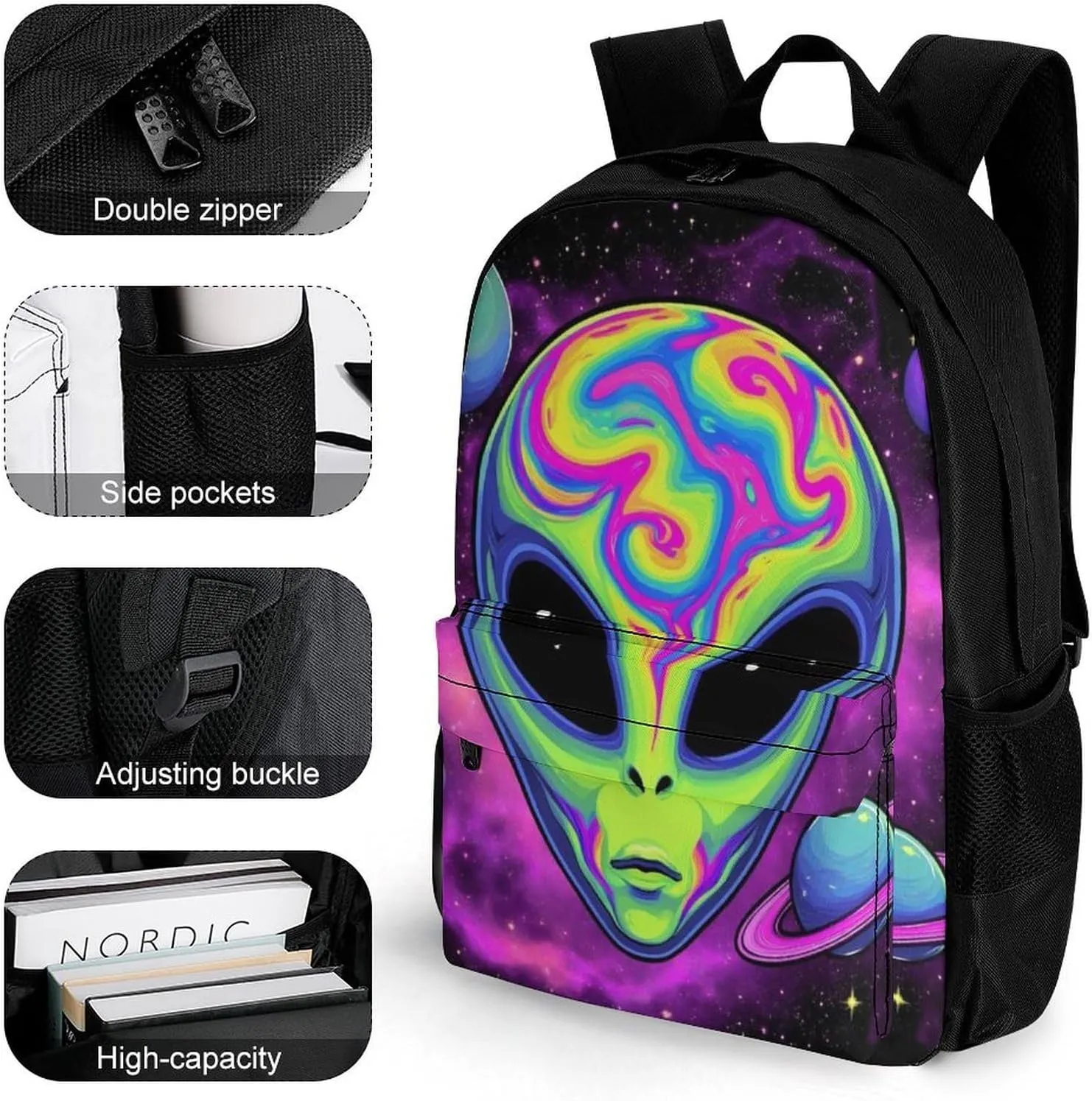 Polyester Daypack for Hiking Work Running - Big Capacity Anti-Theft Multipurpose Shoulder Bag, Alien And Ufo Space Universe Art Travel and Sport Backpack Rucksack