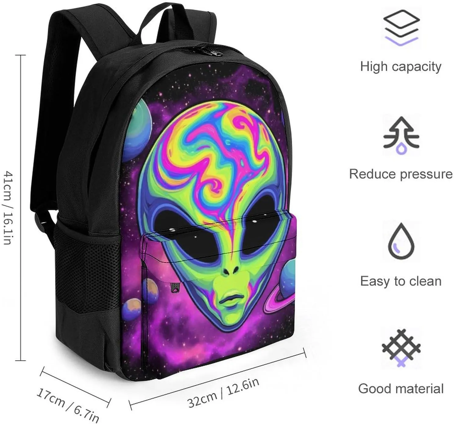 Polyester Daypack for Hiking Work Running - Big Capacity Anti-Theft Multipurpose Shoulder Bag, Alien And Ufo Space Universe Art Travel and Sport Backpack Rucksack