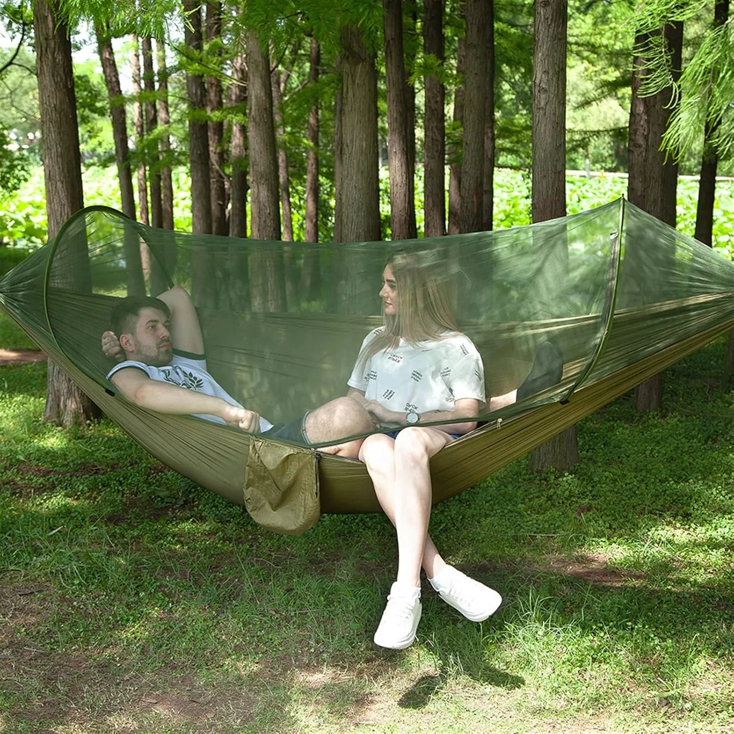 Pop Up Camping Hammock Net Portable Quick Set Up Hanging Sleeping Bed 250x120cm Outdoor, Army Green