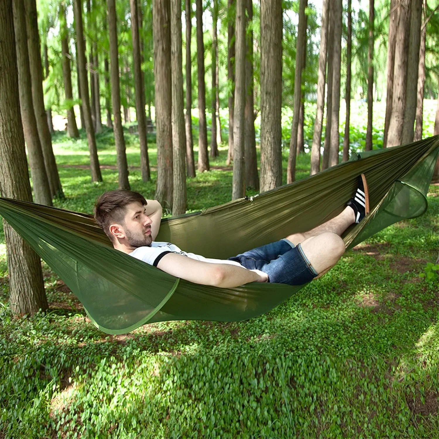 Pop Up Camping Hammock Net Portable Quick Set Up Hanging Sleeping Bed 250x120cm Outdoor, Army Green