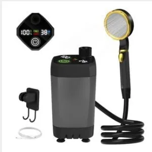 Portable Camping Water Pump, 6000mAh Rechargeable Outdoor Shower Pump, Portable Camping Shower with Dual Temperature & Power Display, IPX7 Waterproof Electric Showerhead for Camping, Hiking