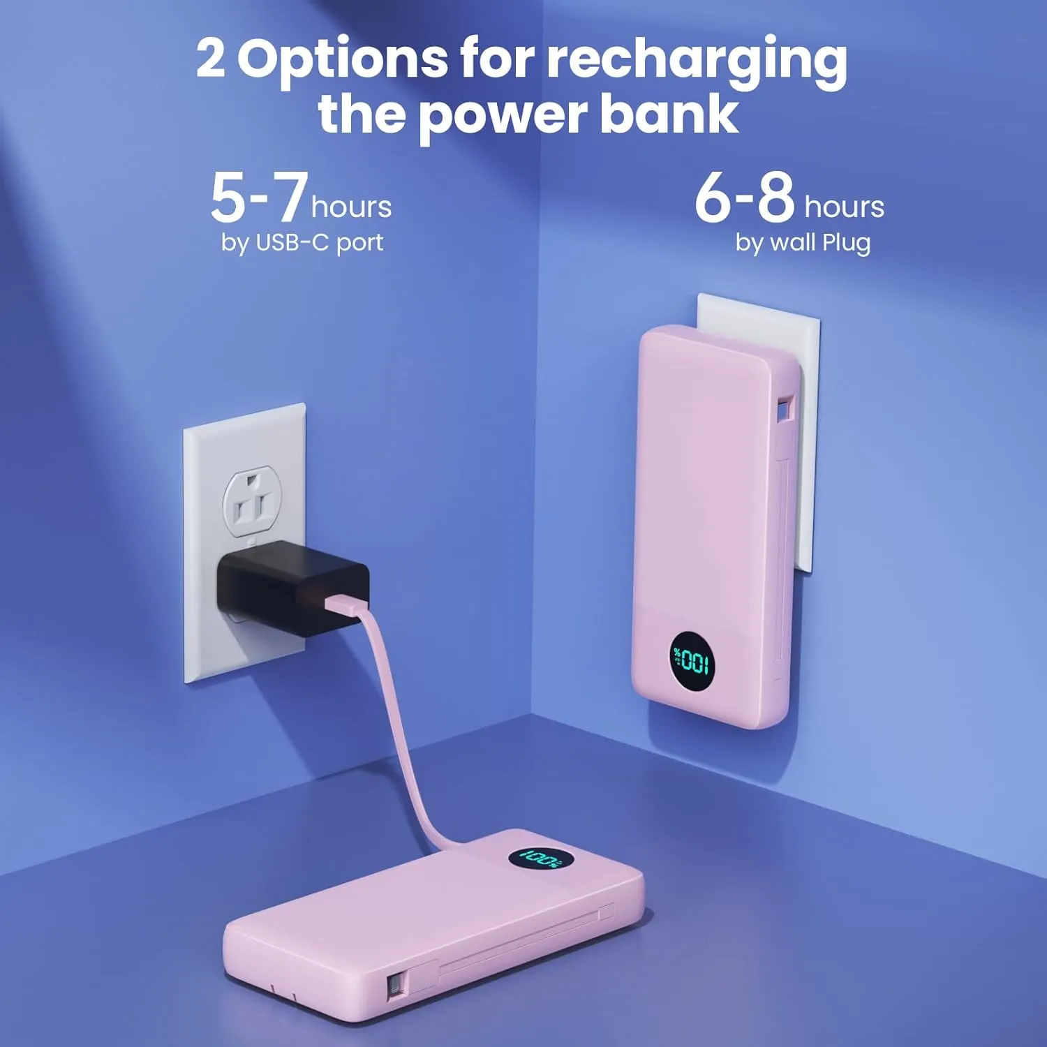 Portable Charger 33800mAh USB C Power Bank with Built-in Cables & AC Wall Plug,25W Fast Charging QC 4.0 Phone Charger,4 Output LCD Display Battery Pack Compatible with iPhone16/15,Samsung,Android etc