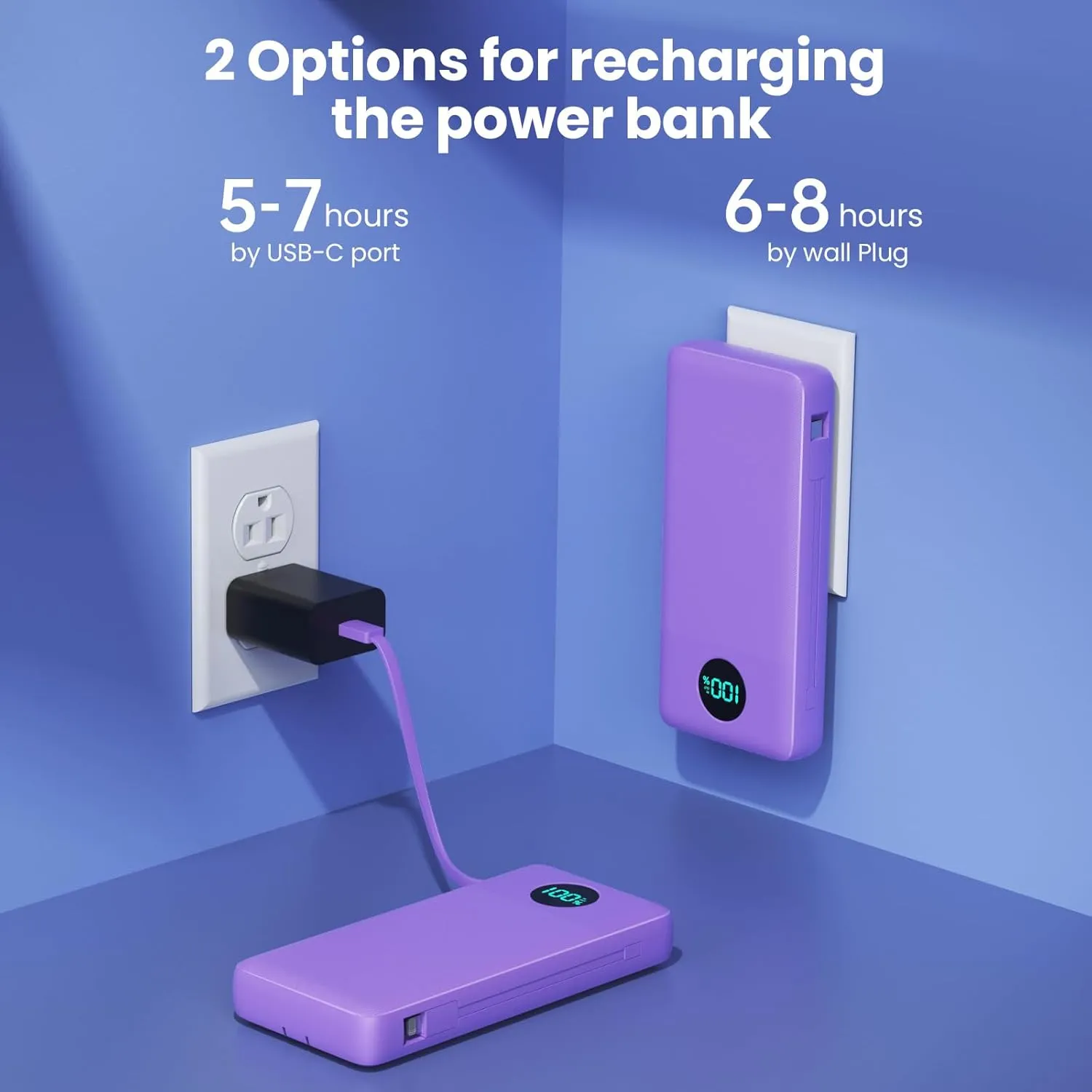 Portable Charger 33800mAh USB C Power Bank with Built-in Cables & AC Wall Plug,25W Fast Charging QC 4.0 Phone Charger,4 Output LCD Display Battery Pack Compatible with iPhone16/15,Samsung,Android etc
