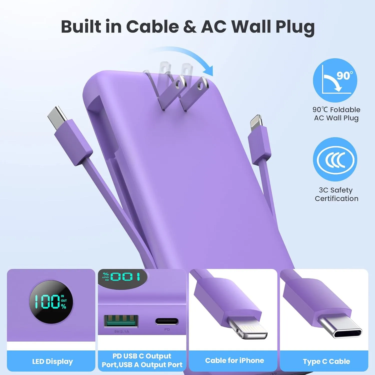 Portable Charger 33800mAh USB C Power Bank with Built-in Cables & AC Wall Plug,25W Fast Charging QC 4.0 Phone Charger,4 Output LCD Display Battery Pack Compatible with iPhone16/15,Samsung,Android etc