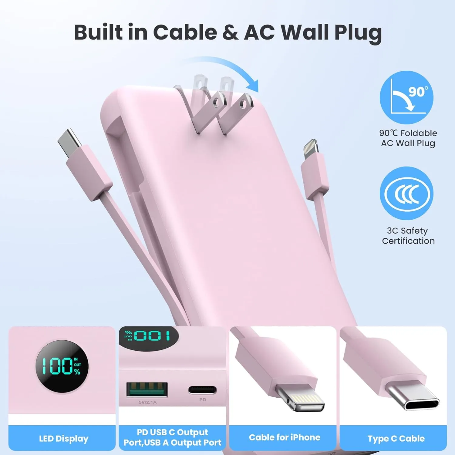 Portable Charger 33800mAh USB C Power Bank with Built-in Cables & AC Wall Plug,25W Fast Charging QC 4.0 Phone Charger,4 Output LCD Display Battery Pack Compatible with iPhone16/15,Samsung,Android etc