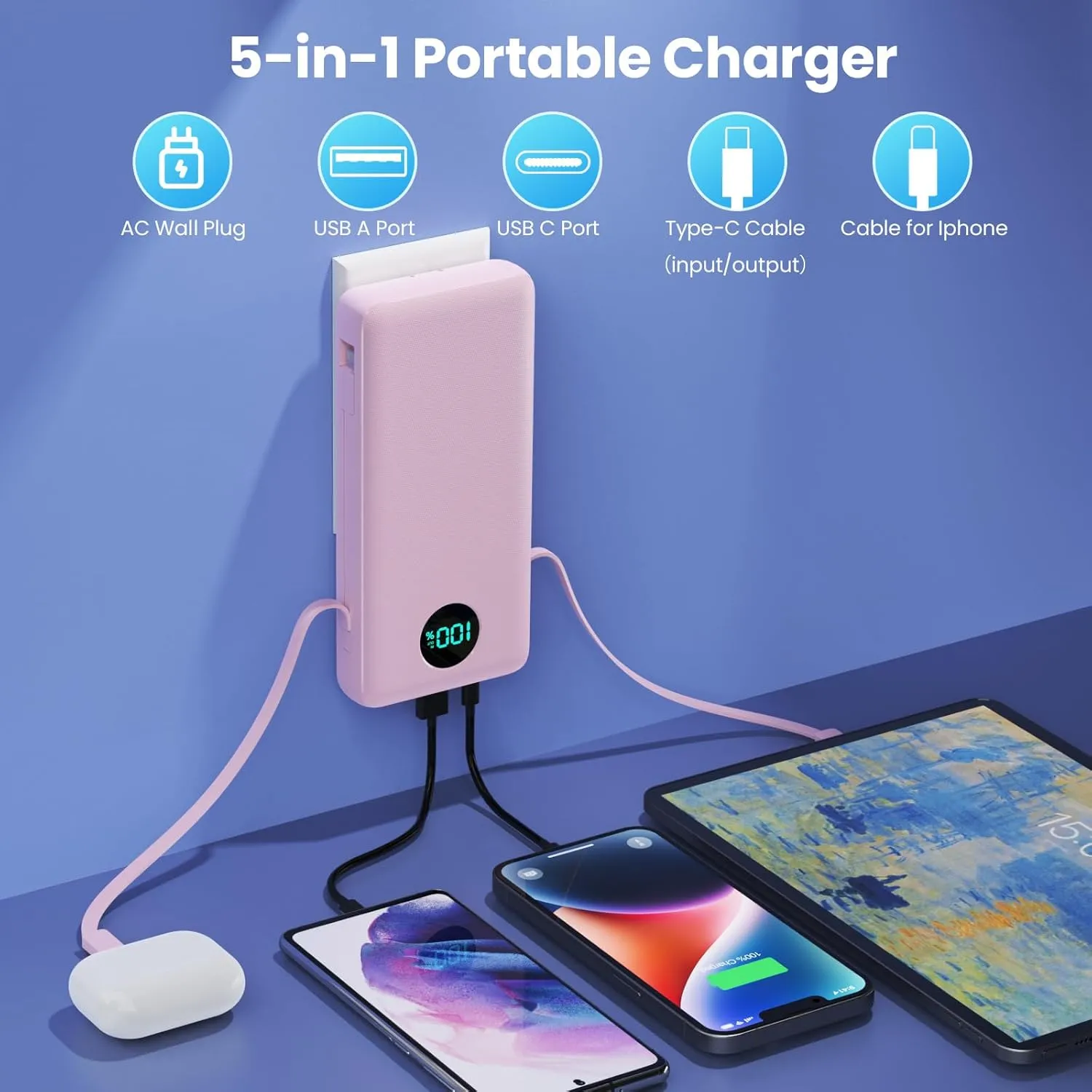 Portable Charger 33800mAh USB C Power Bank with Built-in Cables & AC Wall Plug,25W Fast Charging QC 4.0 Phone Charger,4 Output LCD Display Battery Pack Compatible with iPhone16/15,Samsung,Android etc