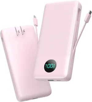 Portable Charger 33800mAh USB C Power Bank with Built-in Cables & AC Wall Plug,25W Fast Charging QC 4.0 Phone Charger,4 Output LCD Display Battery Pack Compatible with iPhone16/15,Samsung,Android etc