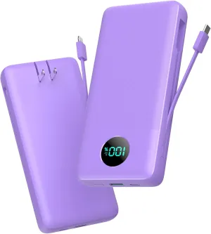 Portable Charger 33800mAh USB C Power Bank with Built-in Cables & AC Wall Plug,25W Fast Charging QC 4.0 Phone Charger,4 Output LCD Display Battery Pack Compatible with iPhone16/15,Samsung,Android etc