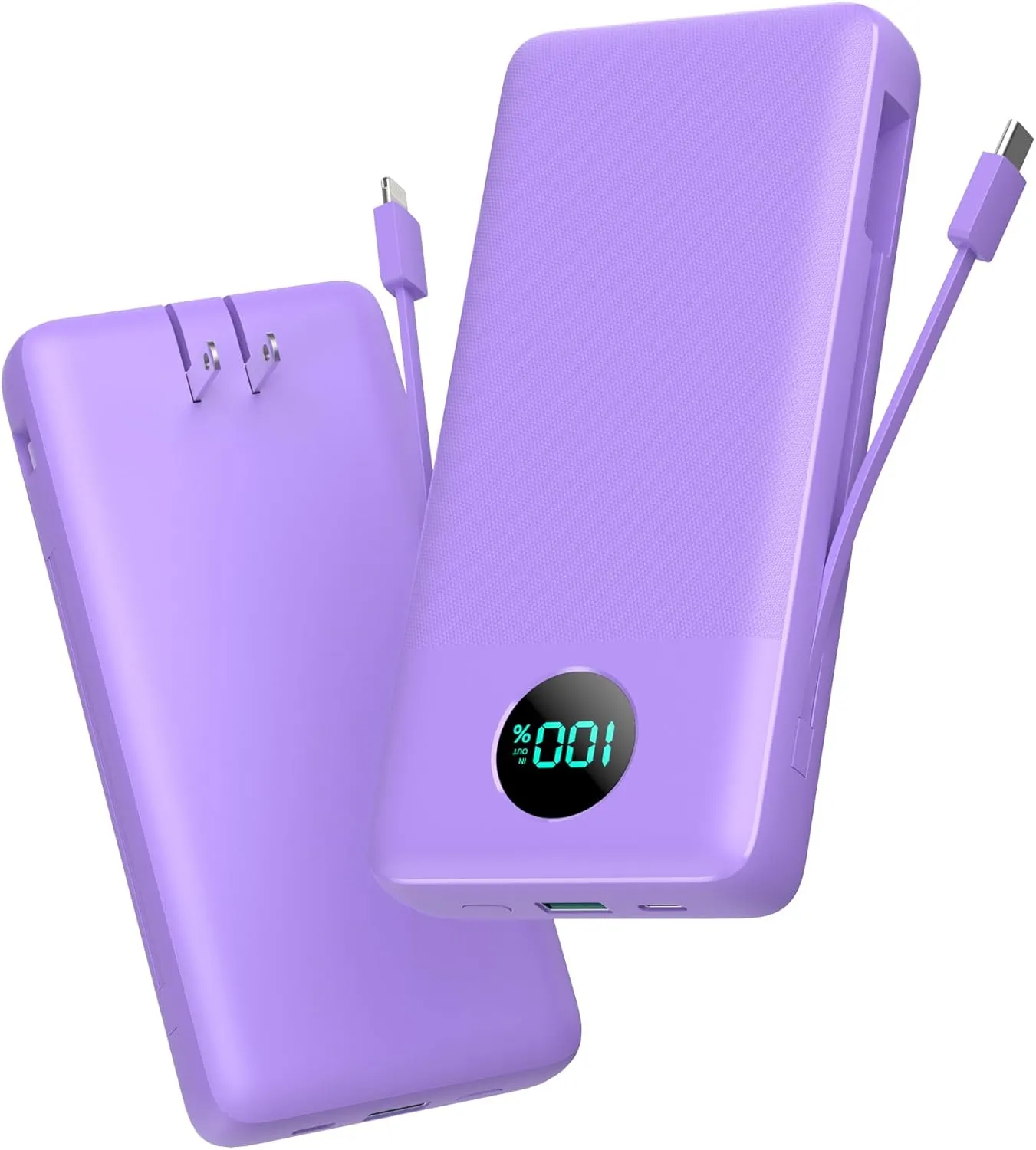 Portable Charger 33800mAh USB C Power Bank with Built-in Cables & AC Wall Plug,25W Fast Charging QC 4.0 Phone Charger,4 Output LCD Display Battery Pack Compatible with iPhone16/15,Samsung,Android etc