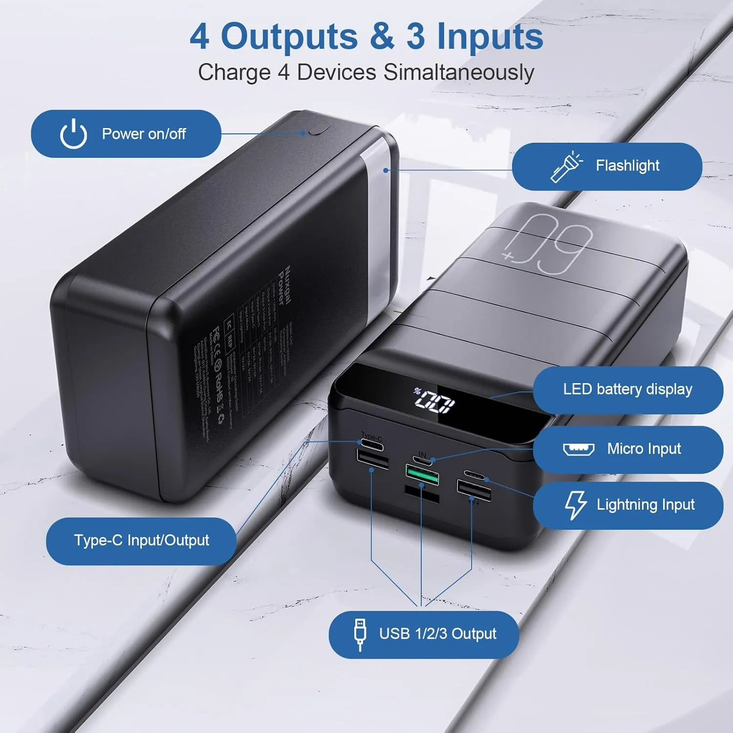 Portable Charger Power Bank 60000mAh Fast Charging 22.5W PD4.0 & QC 4.0 with USB C Battery Pack Charger Portable High Capacity Portable Phone Charger Power Bank for iPhone, Samsung, Galaxy, Travel
