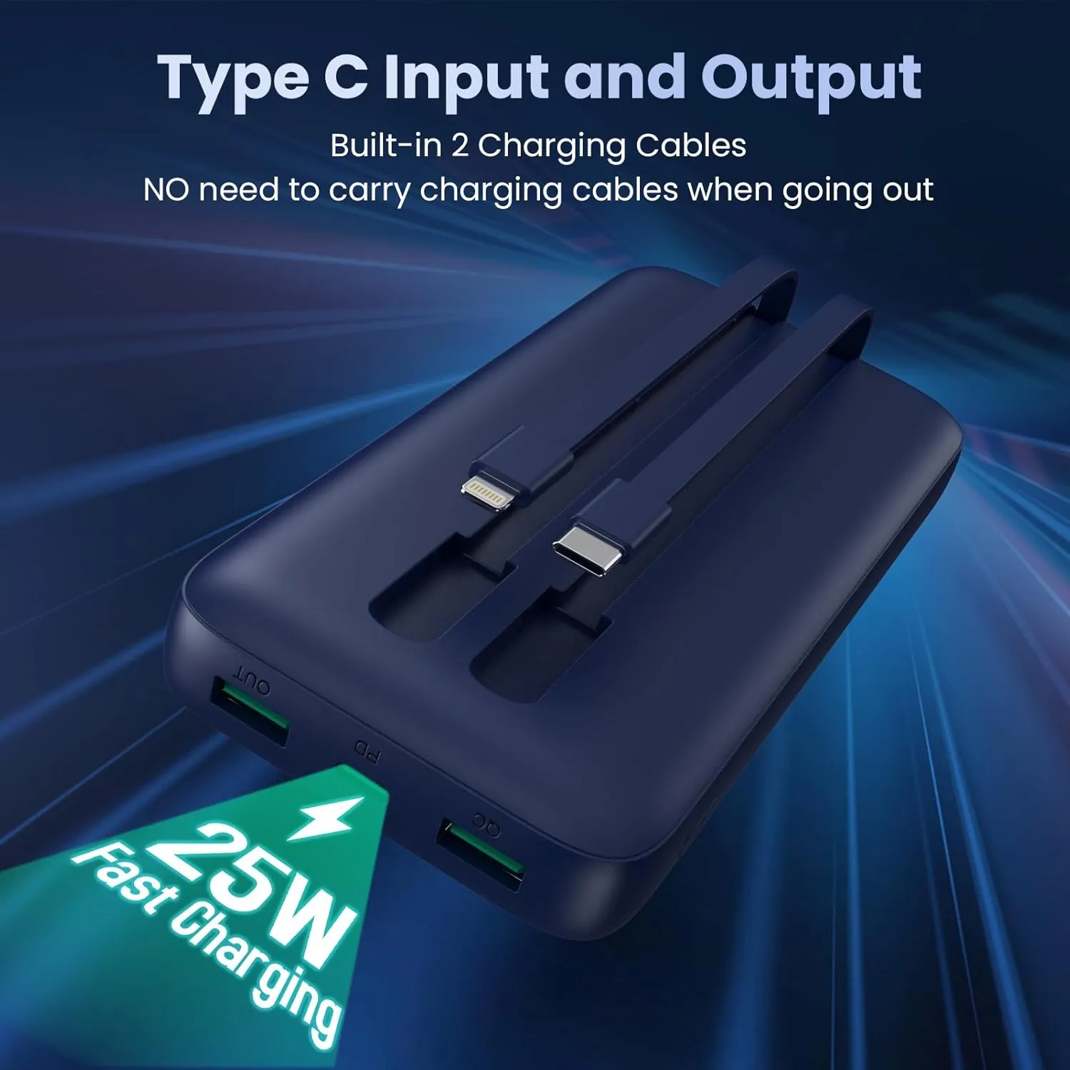 Portable Charger PowerBank 40,800mAh with 2 Built-in Cables,25W PD Fast Charging  QC 4.0 Quick Phone Charging Power Bank, 5 Outputs LCD Display USB C Battery Pack for iPhone 16/15 Android Galaxy etc