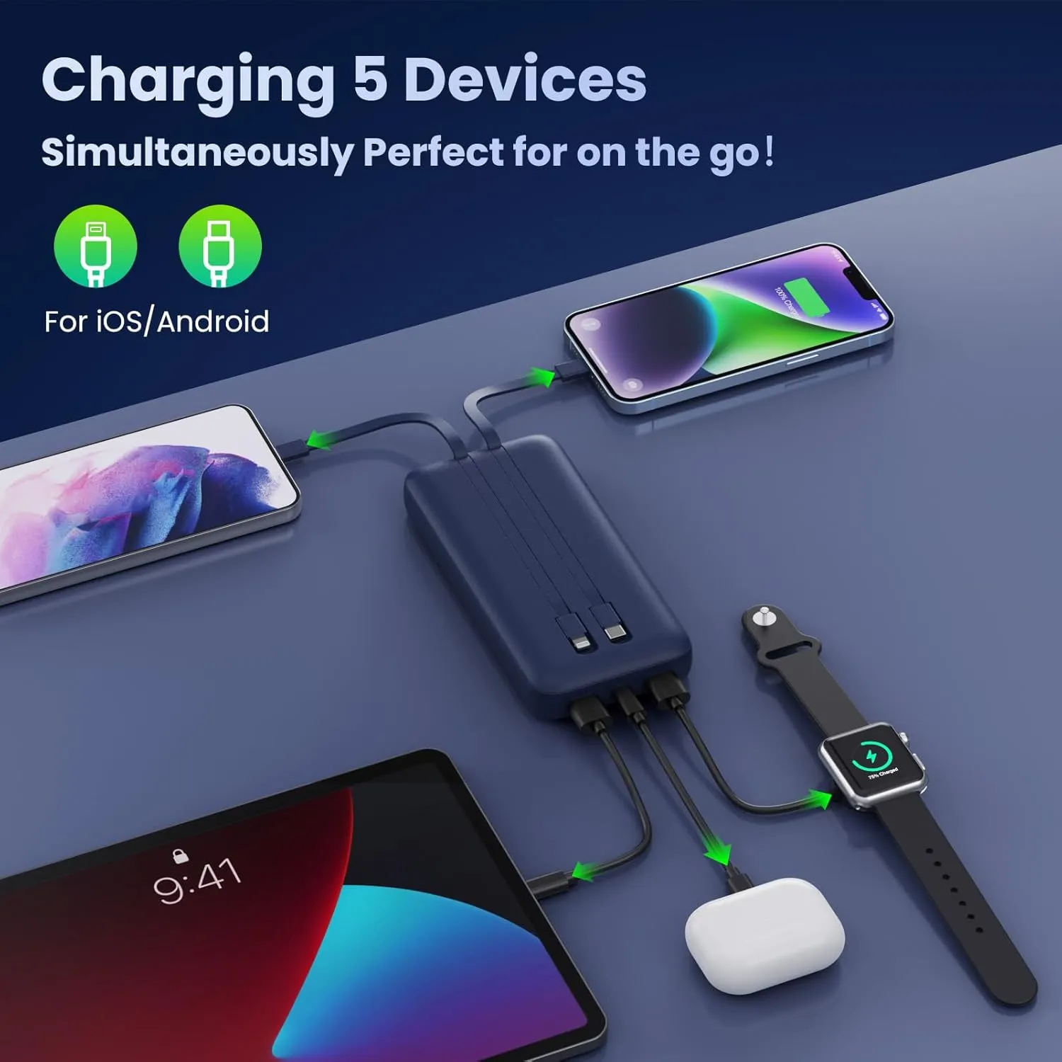 Portable Charger PowerBank 40,800mAh with 2 Built-in Cables,25W PD Fast Charging  QC 4.0 Quick Phone Charging Power Bank, 5 Outputs LCD Display USB C Battery Pack for iPhone 16/15 Android Galaxy etc