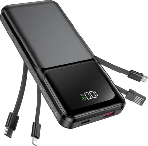 Portable Charger with Built in Cable - 20000mAh Fast Charging 22.5W Slim Power Bank USB C LED Display Travel Battery Pack 5 Outputs & 3 Inputs for iPhone Samsung Android iPad Phones Tablets etc