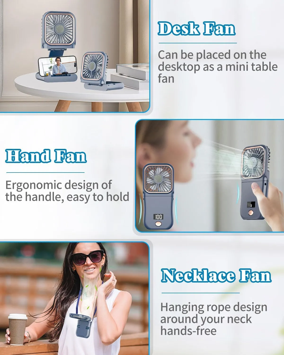 Portable Fan Rechargeable,Handheld Fan 4000mAh Battery Operated Fan with Digital Display,Hand Fans for Women Foldable Mini Pocket Fan,Foldaway Hand Fan Table Fan for Indoor,Outdoor,Office,School