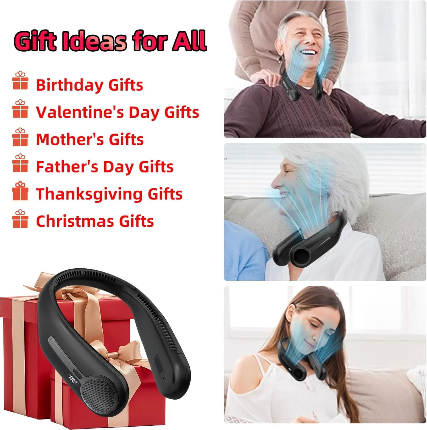Portable Neck Fan,Personal Hands Free Bladeless Fan,360° Cooling Fan,LED Display,4-Speeds,6000mAh Rechargeable Quick,Long Use Time,Wearable Fan,Birthday Gifts for Men Women Dad Mom (Black)