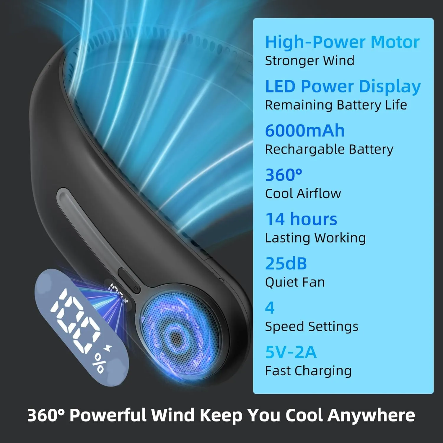 Portable Neck Fan,Personal Hands Free Bladeless Fan,360° Cooling Fan,LED Display,4-Speeds,6000mAh Rechargeable Quick,Long Use Time,Wearable Fan,Birthday Gifts for Men Women Dad Mom (Black)