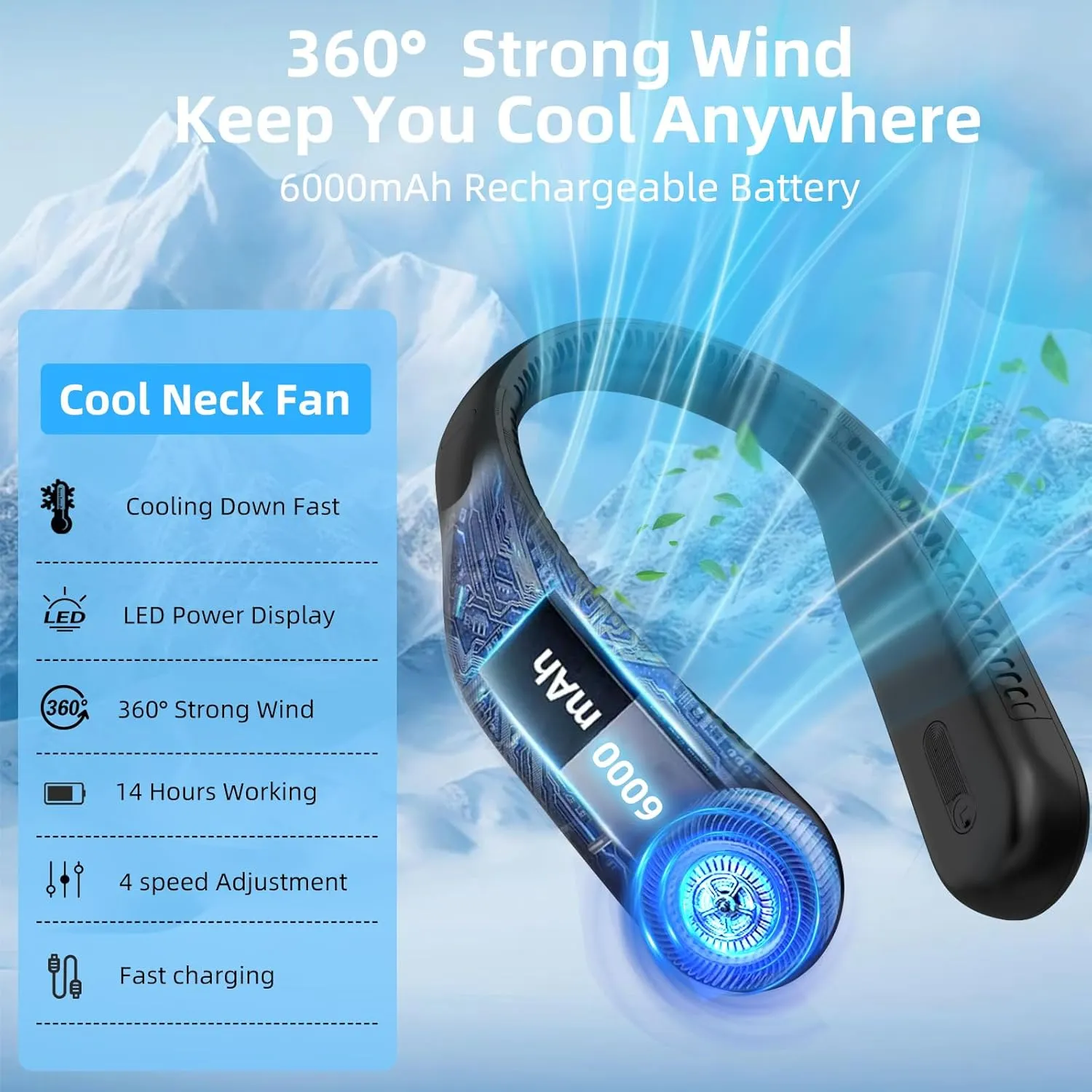 Portable Neck Fan,Personal Hands Free Bladeless Fan,360° Cooling Fan,LED Display,4-Speeds,6000mAh Rechargeable Quick,Long Use Time,Wearable Fan,Birthday Gifts for Men Women Dad Mom (Black)