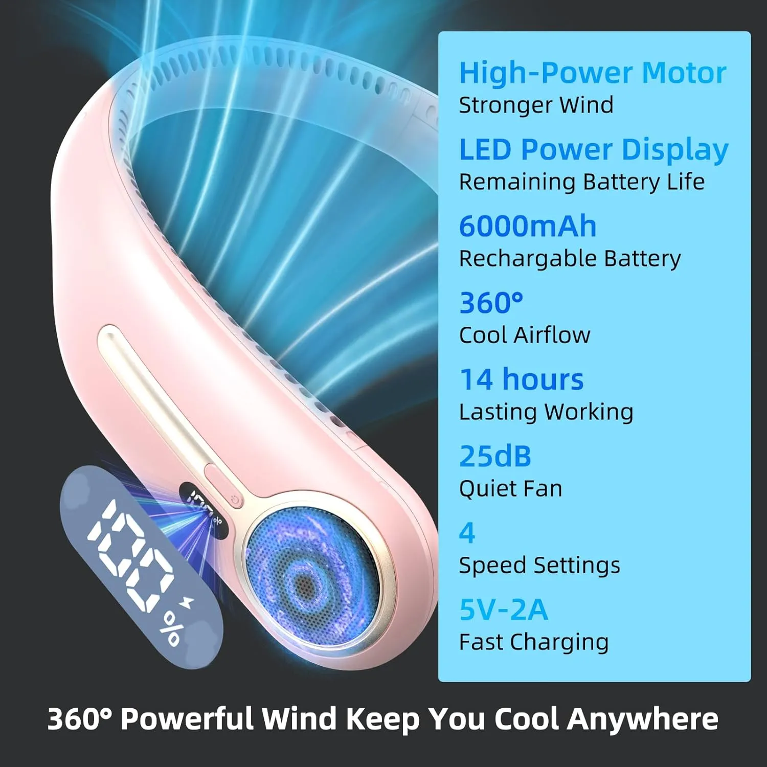 Portable Neck Fan,Personal Hands Free Bladeless Fan,360° Cooling Fan,LED Display,4-Speeds,6000mAh Rechargeable Quick,Long Use Time,Wearable Fan,Birthday Gifts for Men Women Dad Mom (Pink)