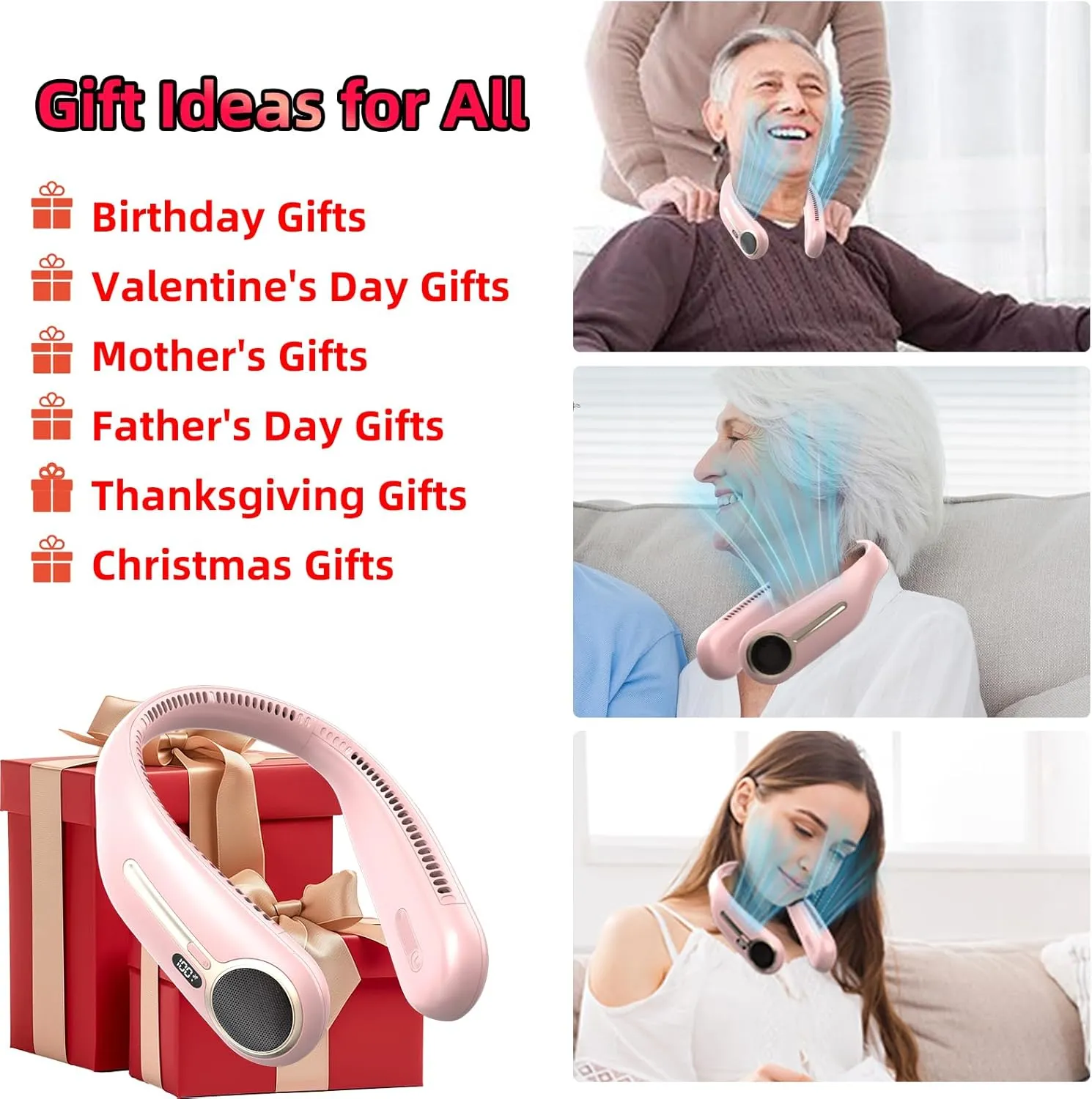 Portable Neck Fan,Personal Hands Free Bladeless Fan,360° Cooling Fan,LED Display,4-Speeds,6000mAh Rechargeable Quick,Long Use Time,Wearable Fan,Birthday Gifts for Men Women Dad Mom (Pink)