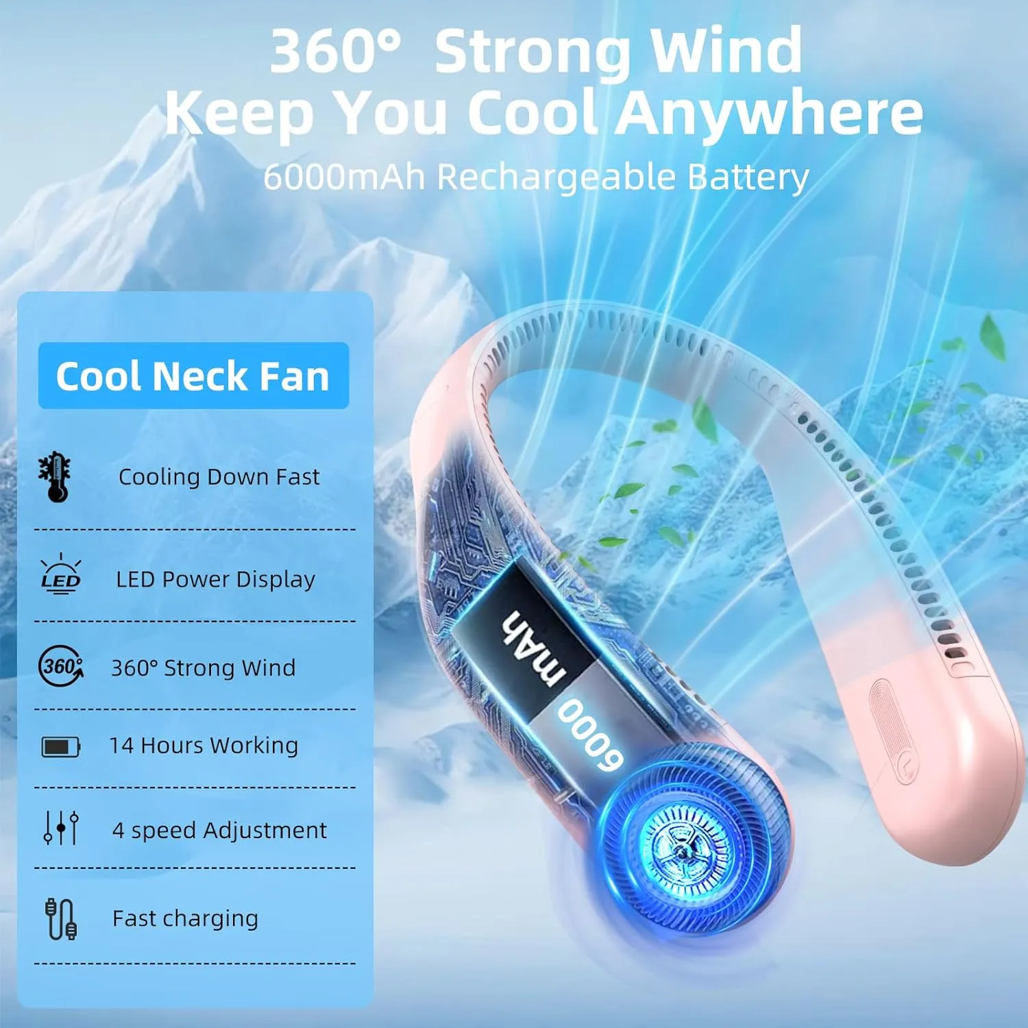 Portable Neck Fan,Personal Hands Free Bladeless Fan,360° Cooling Fan,LED Display,4-Speeds,6000mAh Rechargeable Quick,Long Use Time,Wearable Fan,Birthday Gifts for Men Women Dad Mom (Pink)