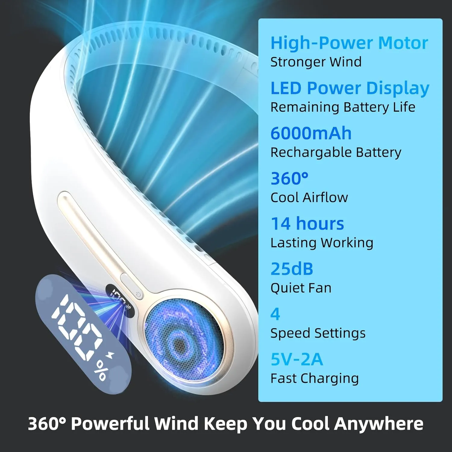 Portable Neck Fan,Personal Hands Free Bladeless Fan,360° Cooling Fan,LED Display,4-Speeds,6000mAh Rechargeable Quick,Long Use Time,Wearable Fan,Birthday Gifts for Men Women Dad Mom (White)