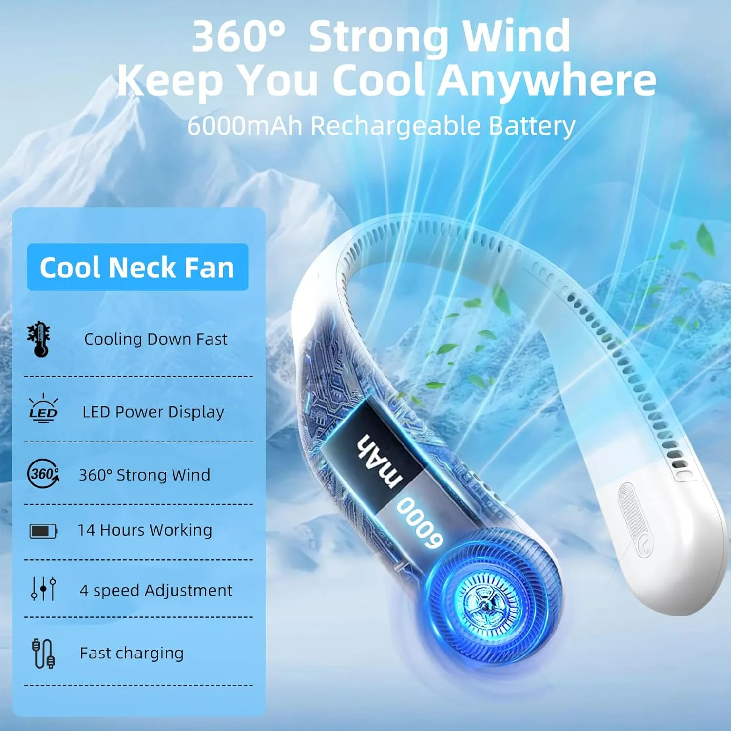 Portable Neck Fan,Personal Hands Free Bladeless Fan,360° Cooling Fan,LED Display,4-Speeds,6000mAh Rechargeable Quick,Long Use Time,Wearable Fan,Birthday Gifts for Men Women Dad Mom (White)