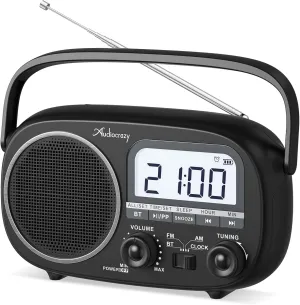 Portable Radio AM FM with Bluetooth,Built-in Rechargeable Battery/Plug in Wall/4*D Cell Battery Operated, Digital Time Display, Transistor Radio for Home,Outdoor,Gift,Seniors Black