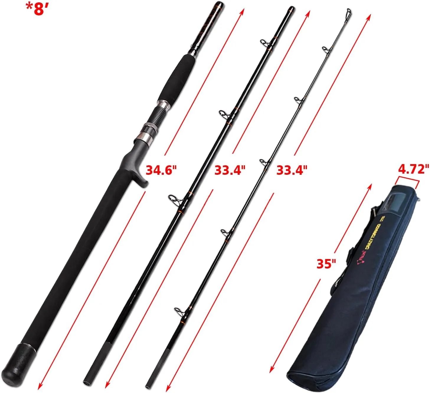 Portable Saltwater Offshore Heavy 3-Piece Travel Graphite Baitcasting Fishing Poles Casting Boat Jigging Trolling Conventional Rods with Rod Case Bag (6'/7'/8')