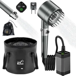 Portable Shower for Camping 6000mAh Rechargeable Shower Pump with Intelligent LED Display & 20L Foldable Bucket 4 Spray Modes Outdoor Shower Head IPX7 Waterproof for Hiking, Travel, Car, Pet, Beach