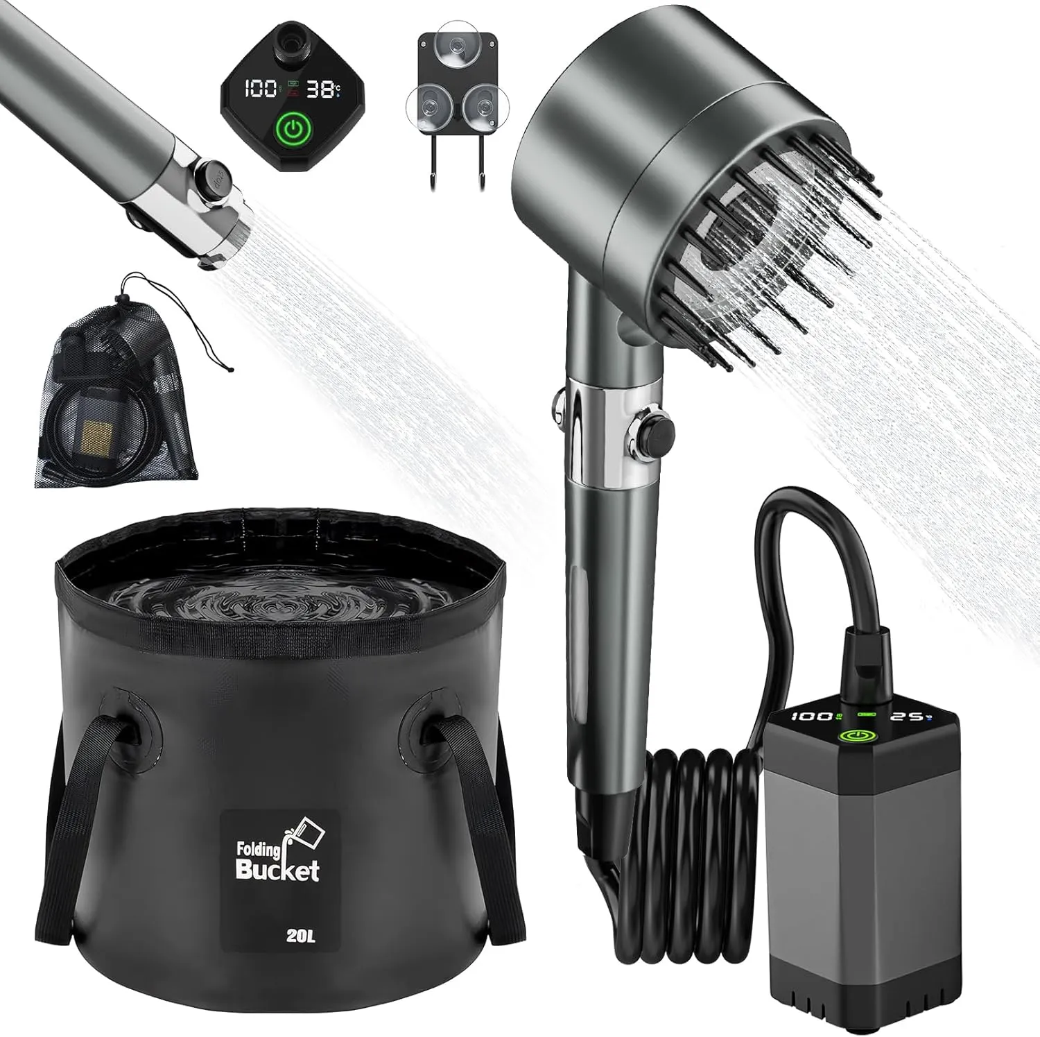 Portable Shower for Camping 6000mAh Rechargeable Shower Pump with Intelligent LED Display & 20L Foldable Bucket 4 Spray Modes Outdoor Shower Head IPX7 Waterproof for Hiking, Travel, Car, Pet, Beach