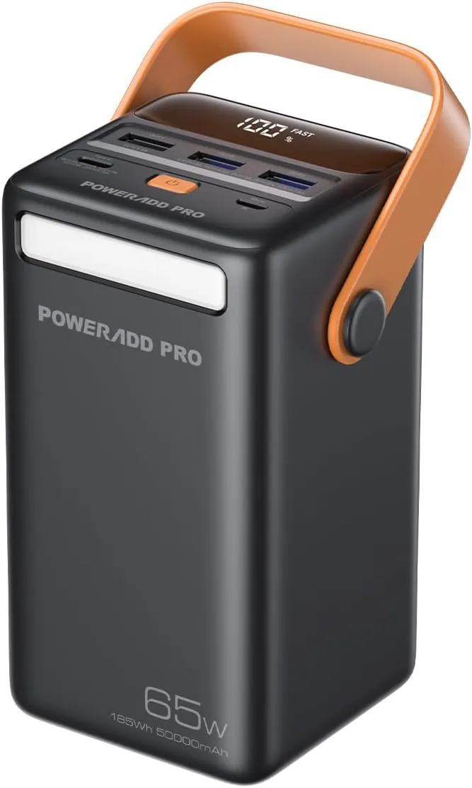 Power Bank 50000mAh PD 65W USB C Portable Charger with LED Display Fast Charging Compatible with Laptop MacBook iPhone Samsung for Outdoors Camping Travel - Black