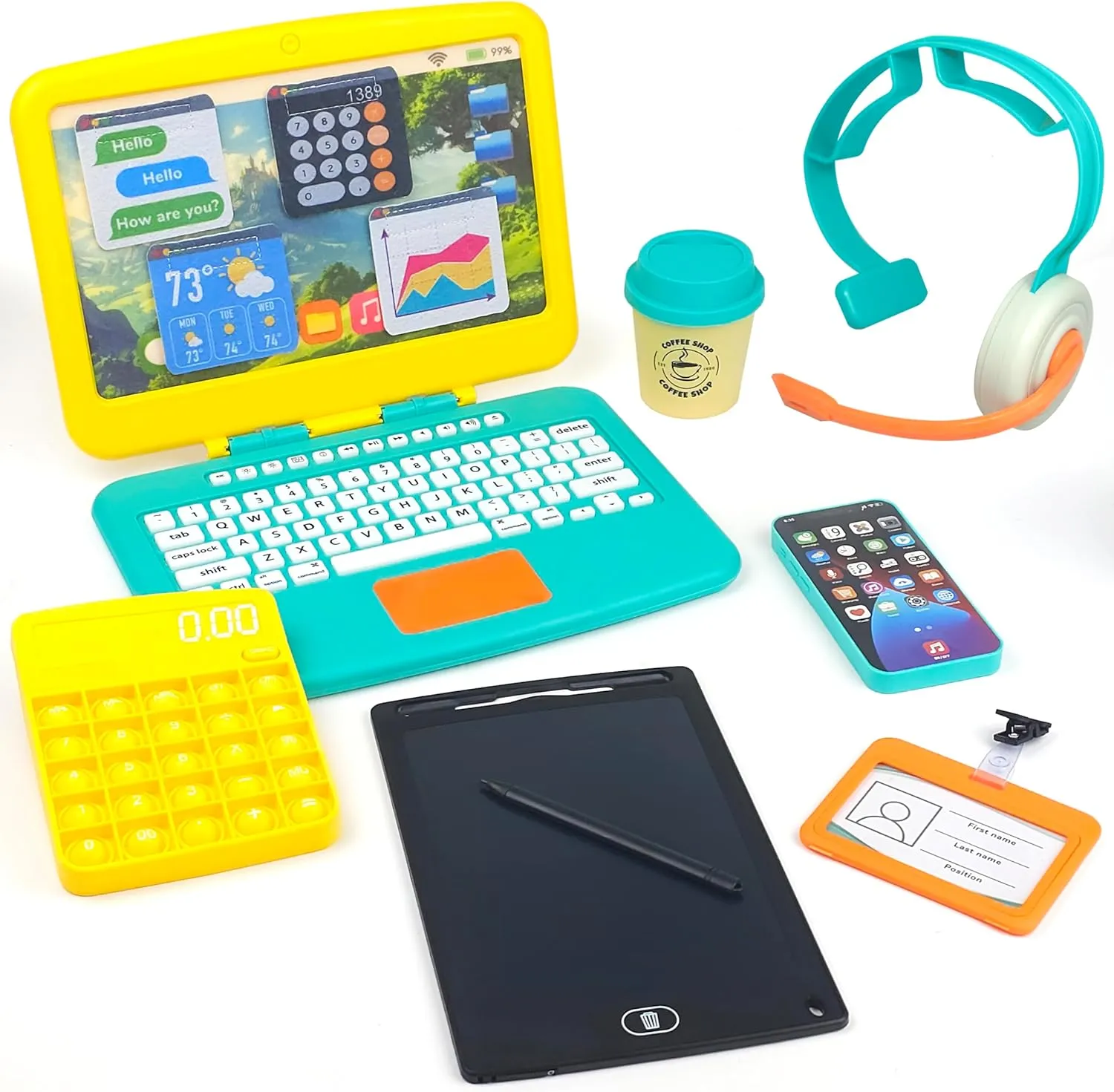 Pretend Play Home Office Set for Kids Ages 3-5-7 | Features Toy Laptop Computer, LCD Writing Tablet, Pop Fidget Calculator, Cell Phone, Headset & Toddlers Beverage Cup