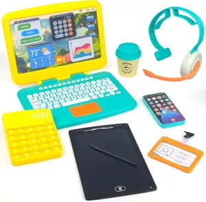 Pretend Play Home Office Set for Kids Ages 3-5-7 | Features Toy Laptop Computer, LCD Writing Tablet, Pop Fidget Calculator, Cell Phone, Headset & Toddlers Beverage Cup