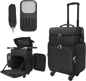 Professional Rolling Makeup Case Soft Sided Cosmetology Organizer Wheeled Nylon Train Case Portable Travel Supply Station for Makeup Artist Nail Technician Hair Stylist Crafters