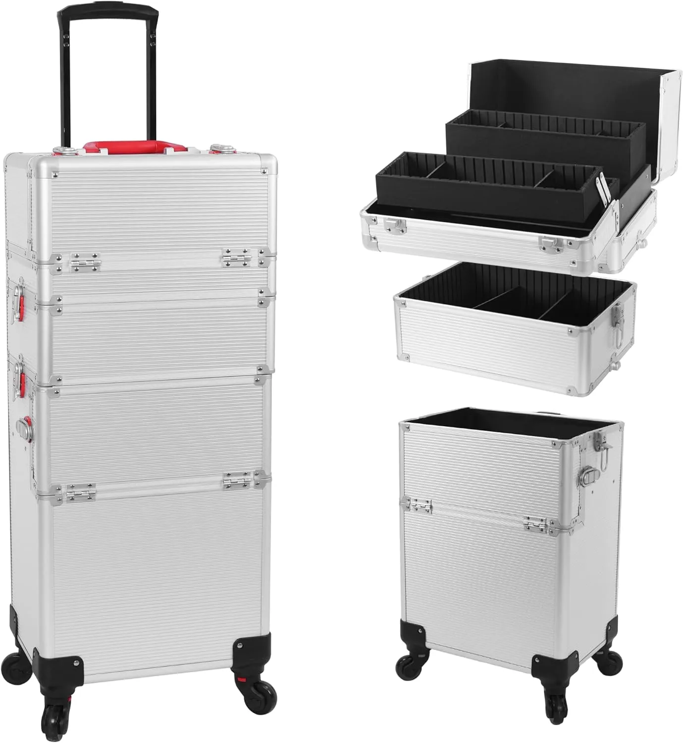 Professional Rolling Makeup Train Case, Multi-functional Cosmetic Trolley with 360° Swivel Wheels Keys Traveling Cart Trunk Train Cases for Nail Technicians Hairstylist - Silver