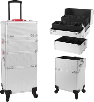 Professional Rolling Makeup Train Case, Multi-functional Cosmetic Trolley with 360° Swivel Wheels Keys Traveling Cart Trunk Train Cases for Nail Technicians Hairstylist - Silver