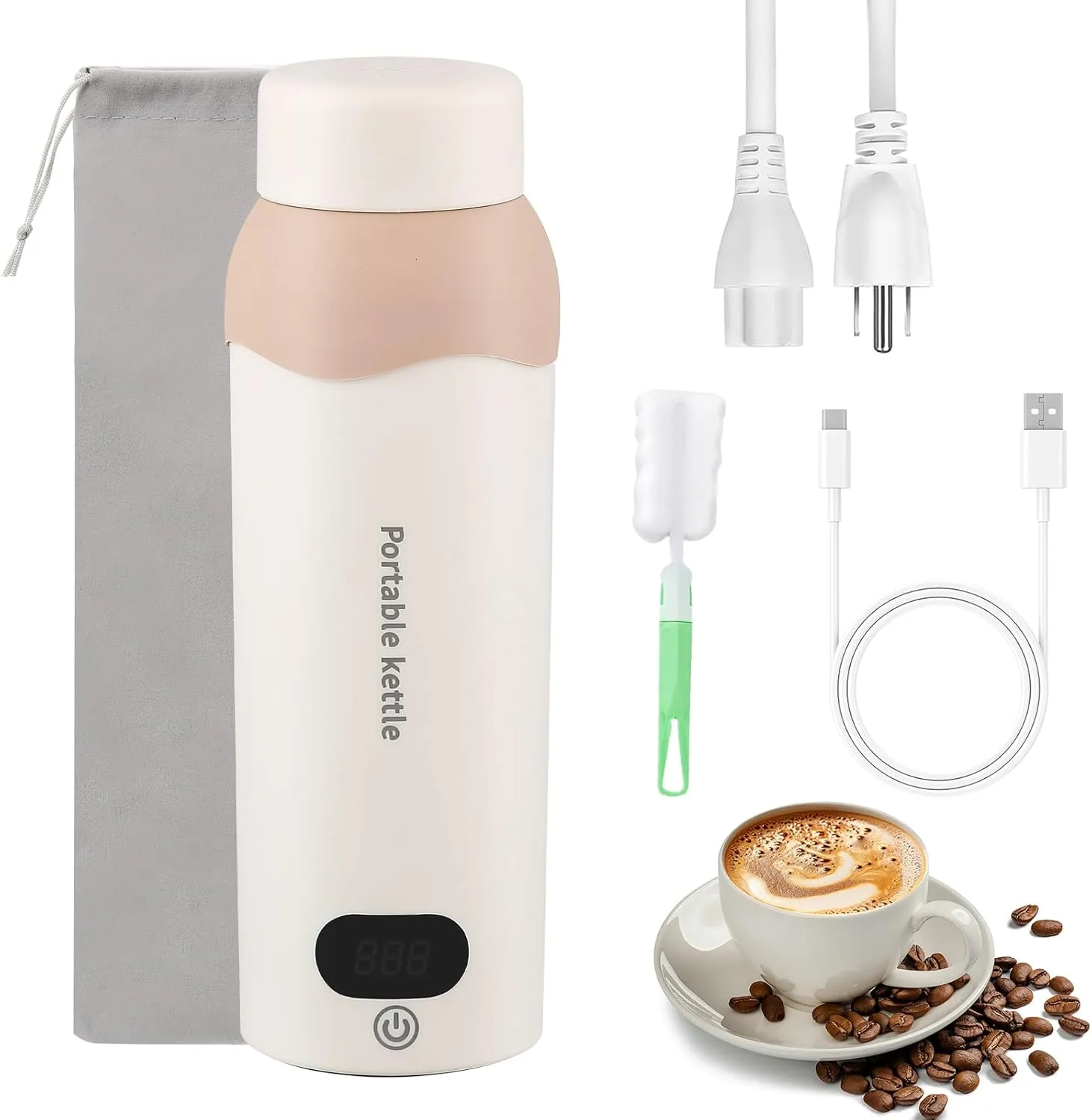Protable Travel Electric Kettle 304 Stainless Steel Small Water Boiler 450ml USB and Plug in Water Heater with Bag