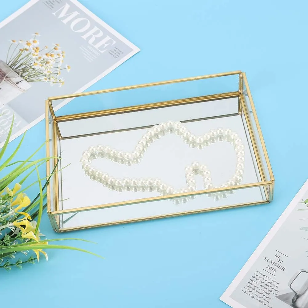 Pssopp Glass Storage Box, Stylish Brass Edging Translucent Makeup Jewelry Organizer with Large Capacity for Cosmetics Display, HandWelded Craftsmanship (Rectangular, Medium)