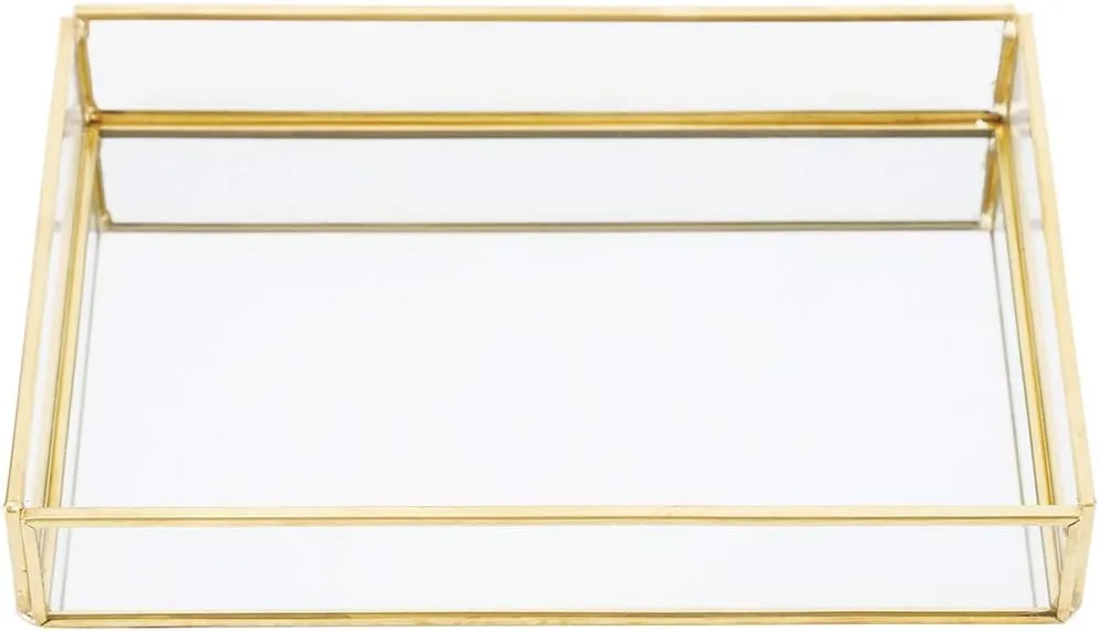 Pssopp Glass Storage Box, Stylish Brass Edging Translucent Makeup Jewelry Organizer with Large Capacity for Cosmetics Display, HandWelded Craftsmanship (Rectangular, Medium)