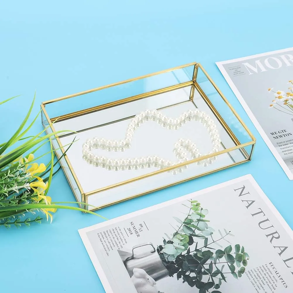 Pssopp Glass Storage Box, Stylish Brass Edging Translucent Makeup Jewelry Organizer with Large Capacity for Cosmetics Display, HandWelded Craftsmanship (Rectangular, Medium)