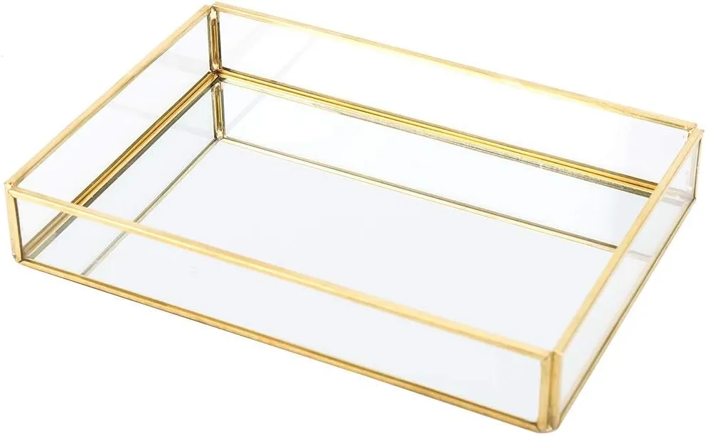 Pssopp Glass Storage Box, Stylish Brass Edging Translucent Makeup Jewelry Organizer with Large Capacity for Cosmetics Display, HandWelded Craftsmanship (Rectangular, Medium)