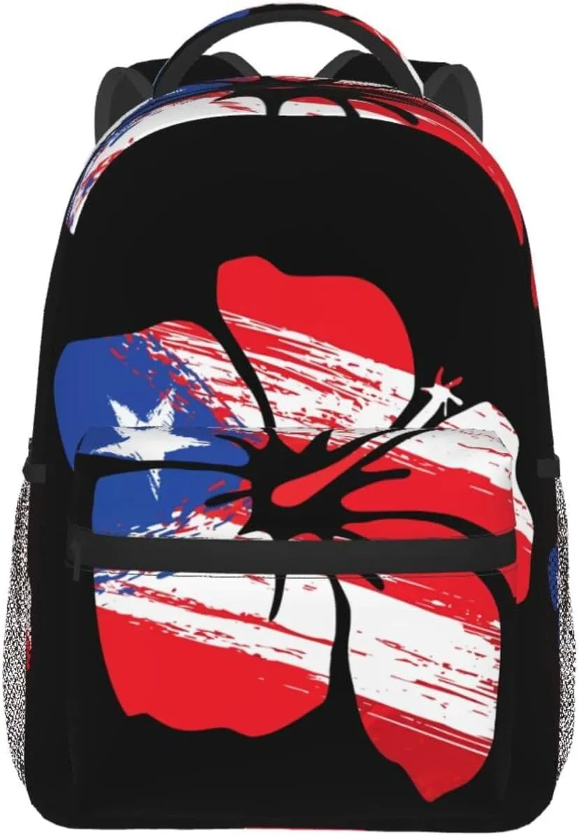 Puerto Rico Pride Flag Hibiscus Flower Boricua Laptop Backpacks Double Shoulder Laptop Pack Bag Daypack Back Pack Bags Rucksack Computer Bag with Side Pockets Front Zipper Pockets