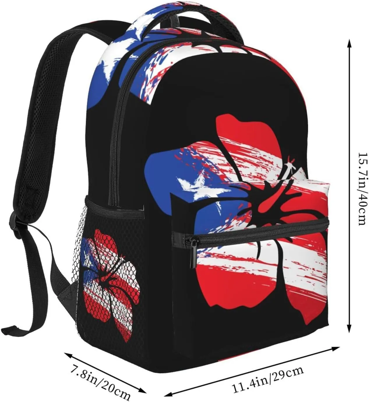 Puerto Rico Pride Flag Hibiscus Flower Boricua Laptop Backpacks Double Shoulder Laptop Pack Bag Daypack Back Pack Bags Rucksack Computer Bag with Side Pockets Front Zipper Pockets