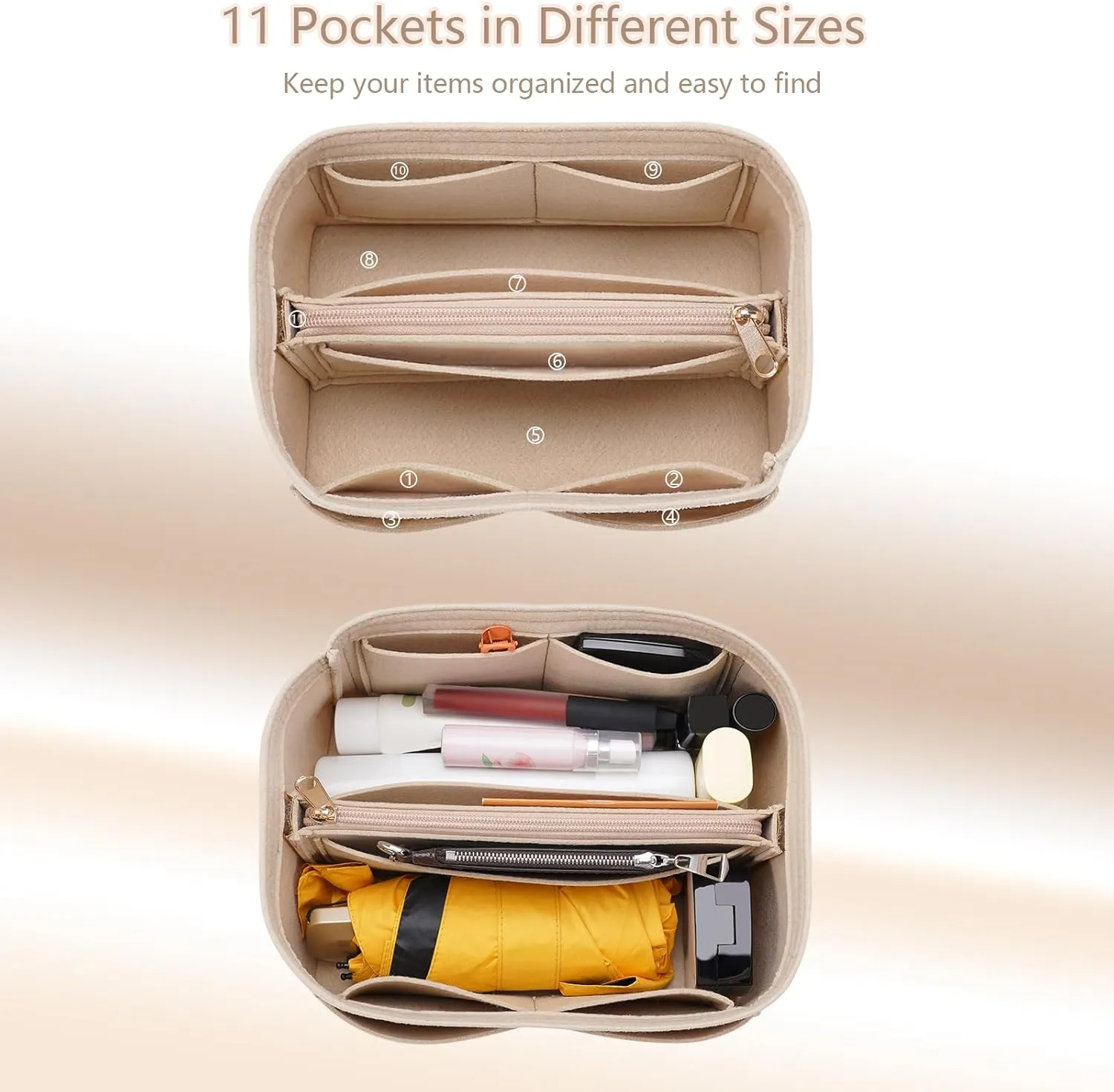 Purse Organizer Insert for LV Noe BB Bucket Bags,Tote Bag Organizer with zipper insert (Small, Beige)