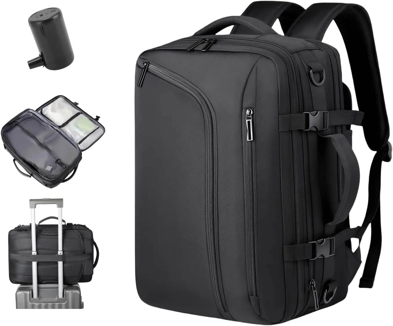 PUSOKEI Vacuum Travel Backpack, 55L Expandable Compression Air Back Backpack with Pump, Water proof Airbag Rucksack for Travel/Camping/Laptop (With Electric Air Pump & Black)