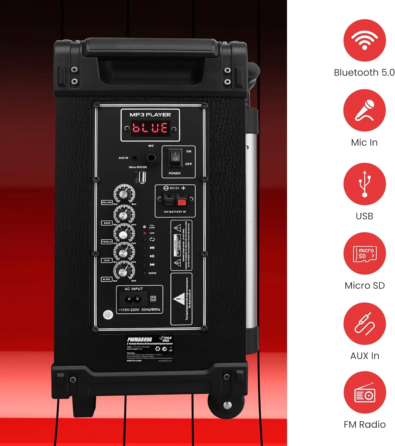 Pyle 8'' Portable Wireless Bluetooth Speaker System - Built-in Rechargeable Battery, Wireless Microphone, USB/Micro SD/FM - 350 Watt - FM Radio with Digital LED Display, PWMA899A